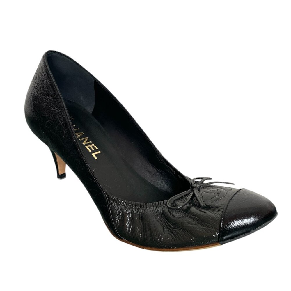 CHANEL Classic CC Logo Cap Toe Bow Elastic Pumps Heels \\ 37.5